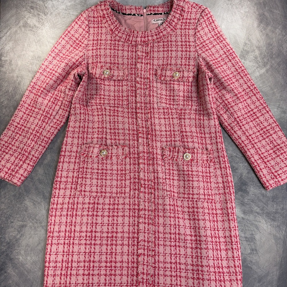 Nanette Lepore Tweed Dress Womens 16 Pink Plaid Faux Pearl Fringe Shift